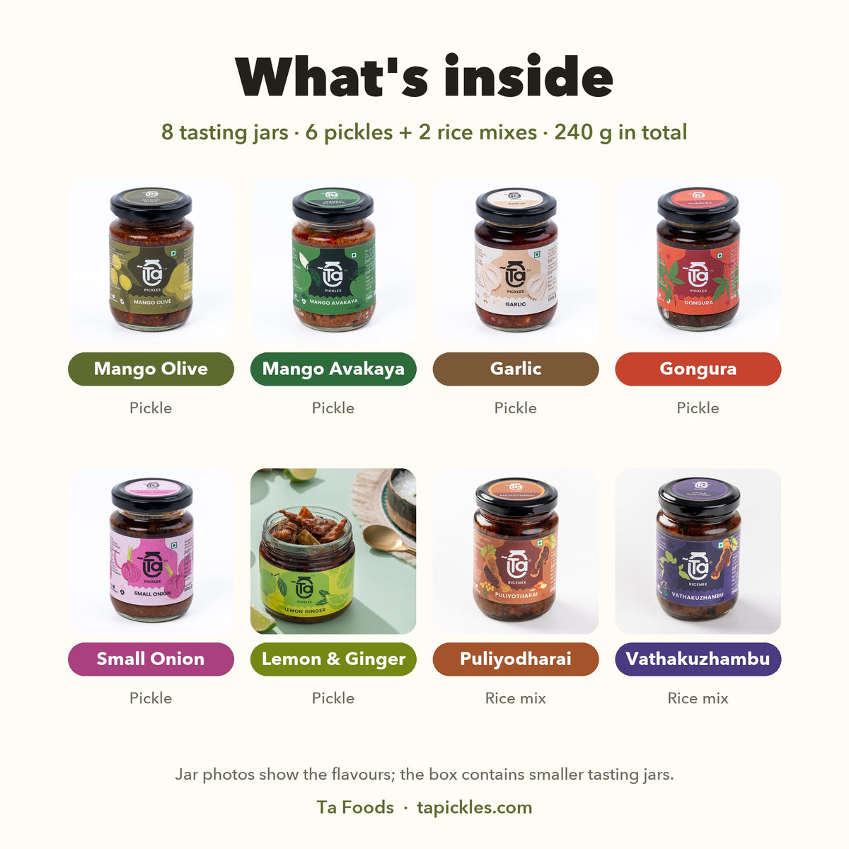 What's inside the Ta Discovery Box: 6 pickles and 2 rice mixes in tasting jars