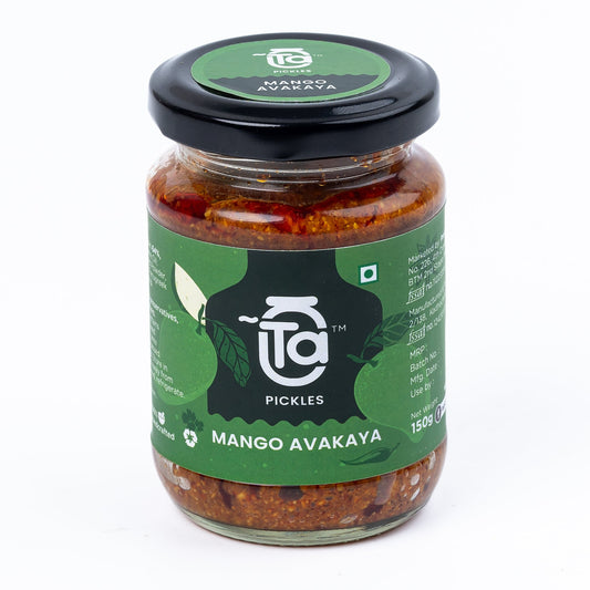 Ta Foods Andhra Mango Avakaya in a 150 g glass jar