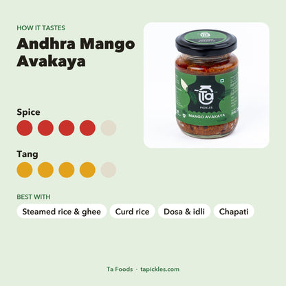 Andhra Mango Avakaya taste guide: spice 4 of 5, tang 4 of 5, with best pairings