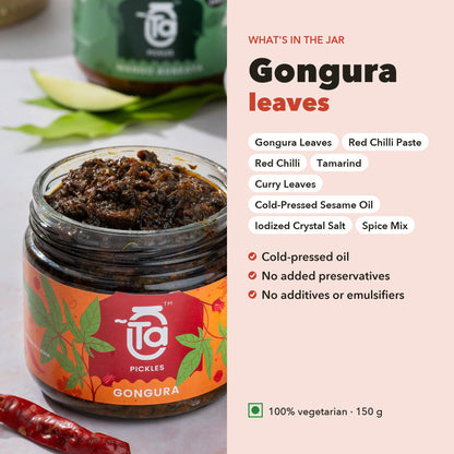 What's in the jar: Gongura Pickle ingredients with cold-pressed oil and no added preservatives