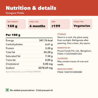 Gongura Pickle nutrition per 100 g and product details: 150 g, 6 months shelf life, MRP Rs 199, FSSAI licence numbers