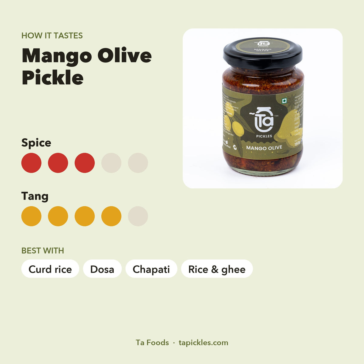 Mango Olive Pickle taste guide: spice 3 of 5, tang 4 of 5, with best pairings