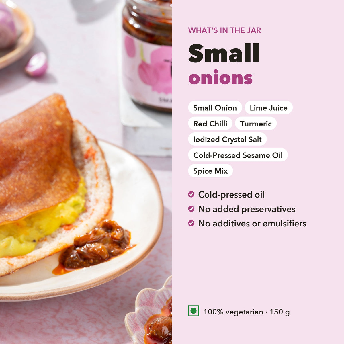 What's in the jar: Small Onion Pickle ingredients with cold-pressed oil and no added preservatives