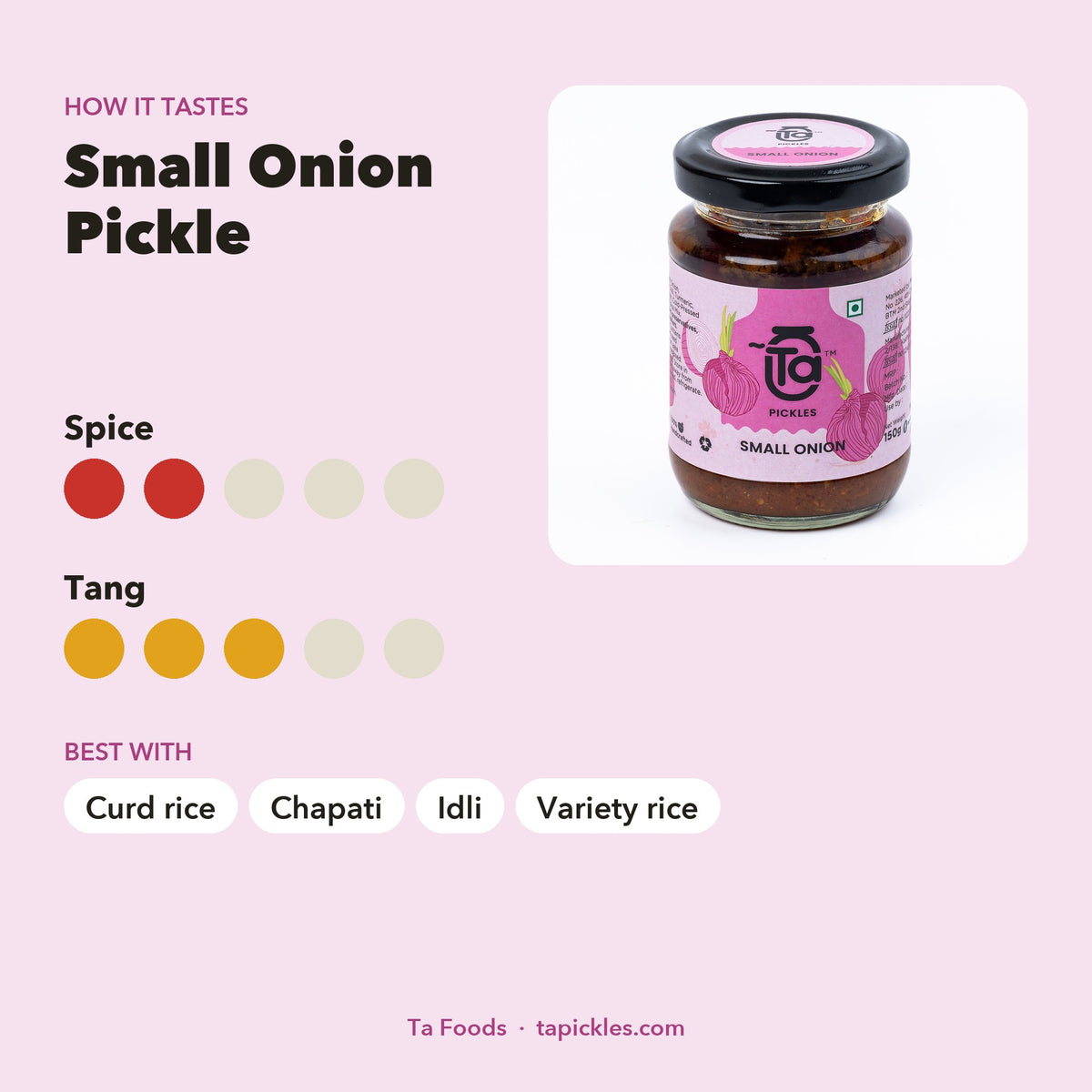 Small Onion Pickle taste guide: spice 2 of 5, tang 3 of 5, with best pairings